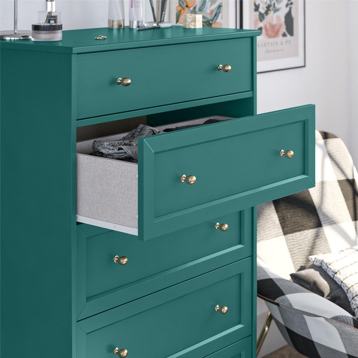 Monticello Tall 5 Drawer Dresser with Gold Accents - Emerald Green