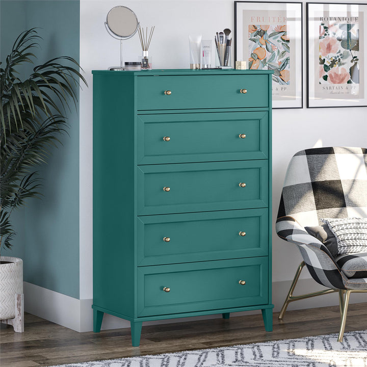 Monticello Tall 5 Drawer Dresser with Gold Accents - Emerald Green