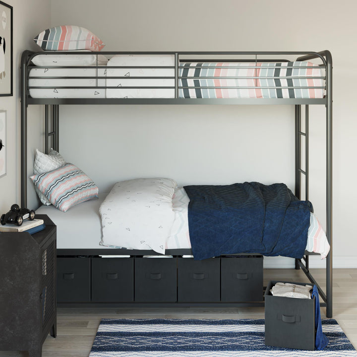 Travis Twin over Twin Metal Bunk Bed with Storage Bins - Black - Twin-Over-Twin