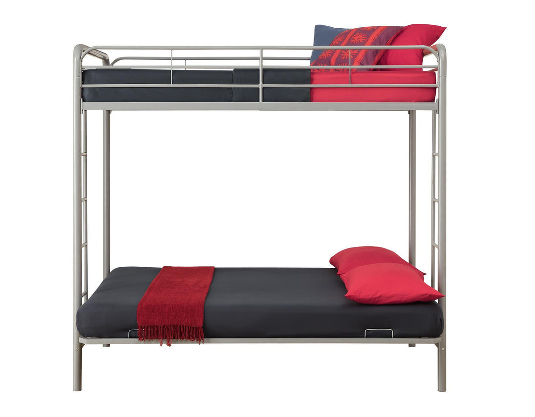 Sammuel Twin over Futon Metal Bunk Bed with Integrated Ladders and Guardrails - Silver - Twin-Over-Futon