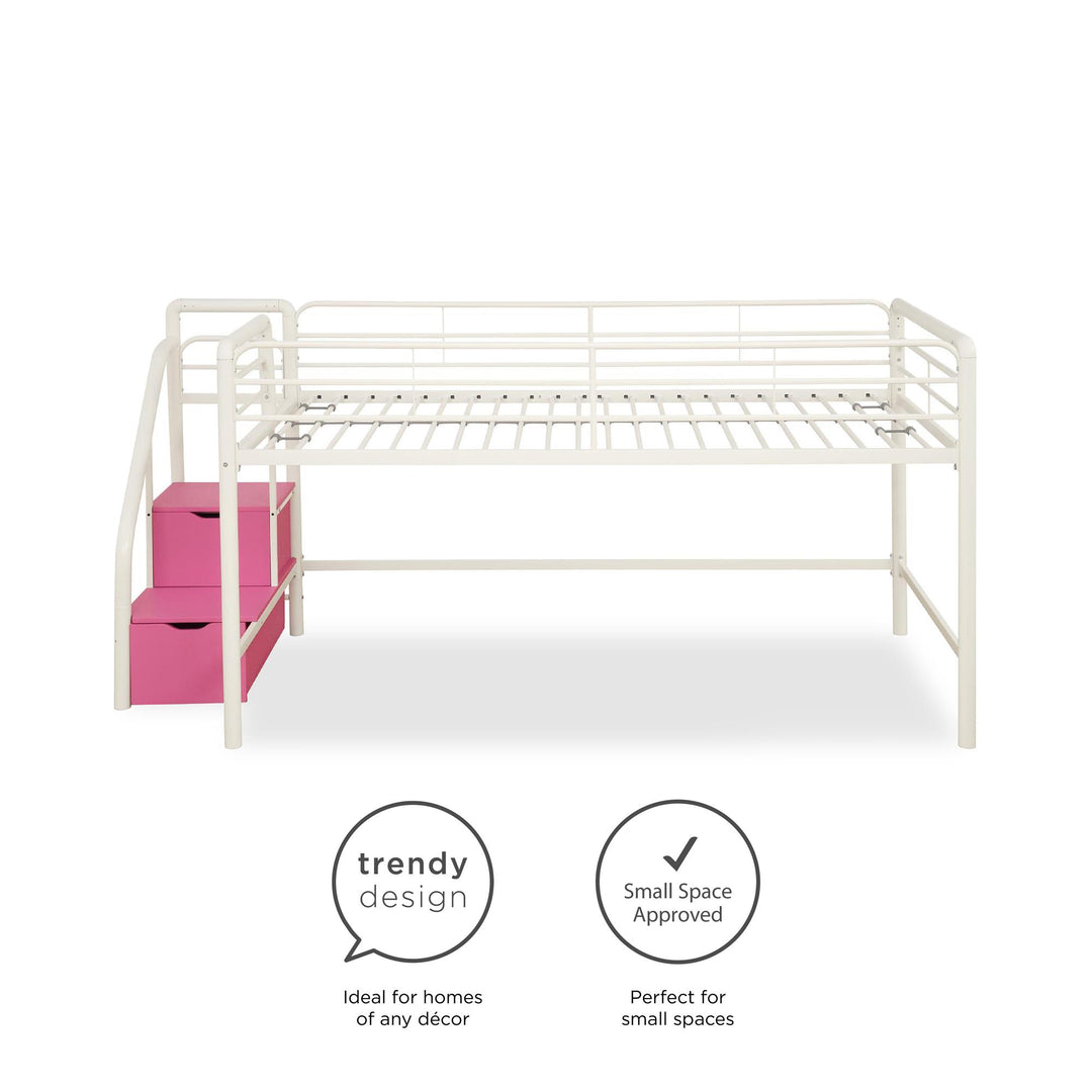 San Junior Low-Height Twin Loft Bed with Storage Steps - White - Twin