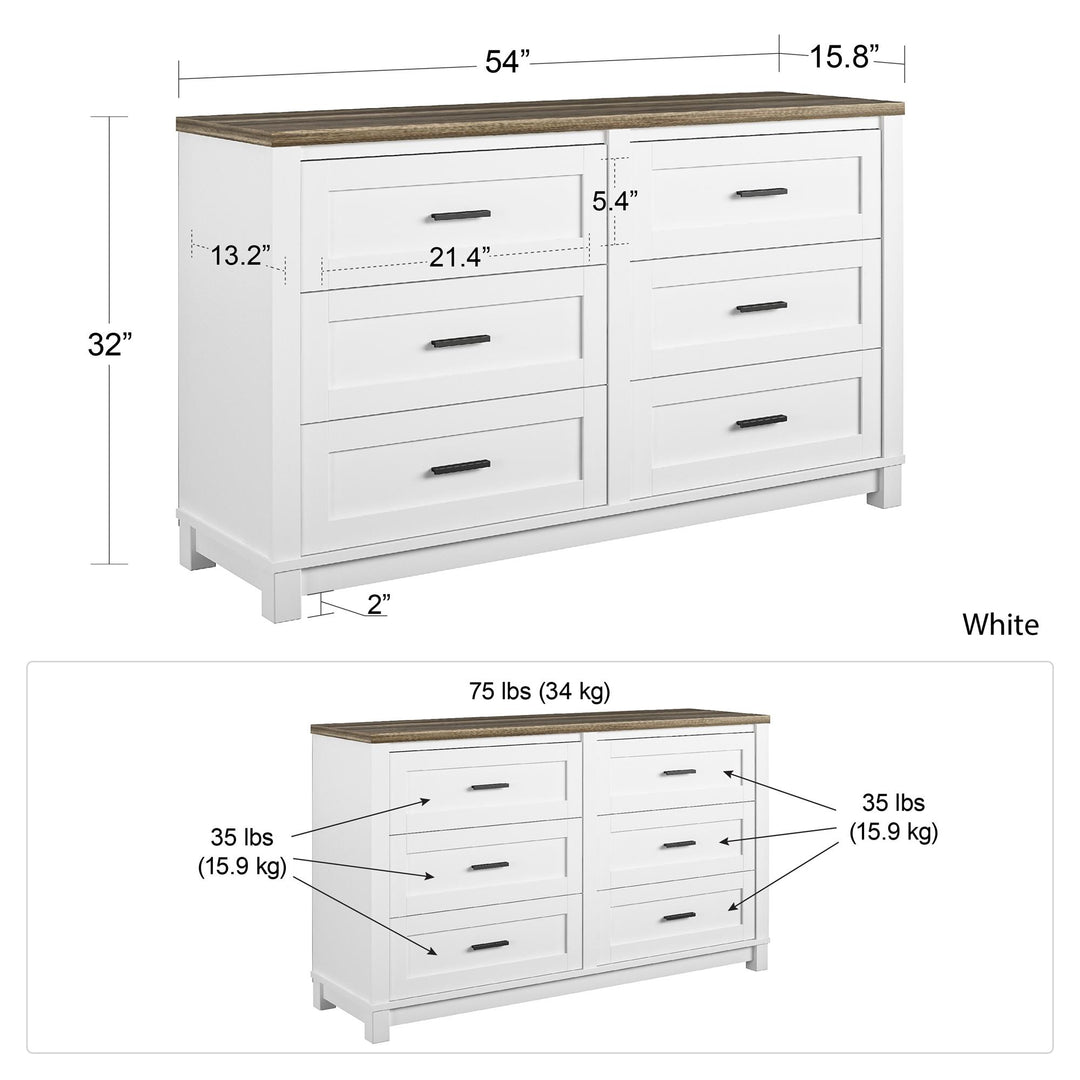 Chapel Hill Modern Farmhouse 6 Drawer Dresser - White