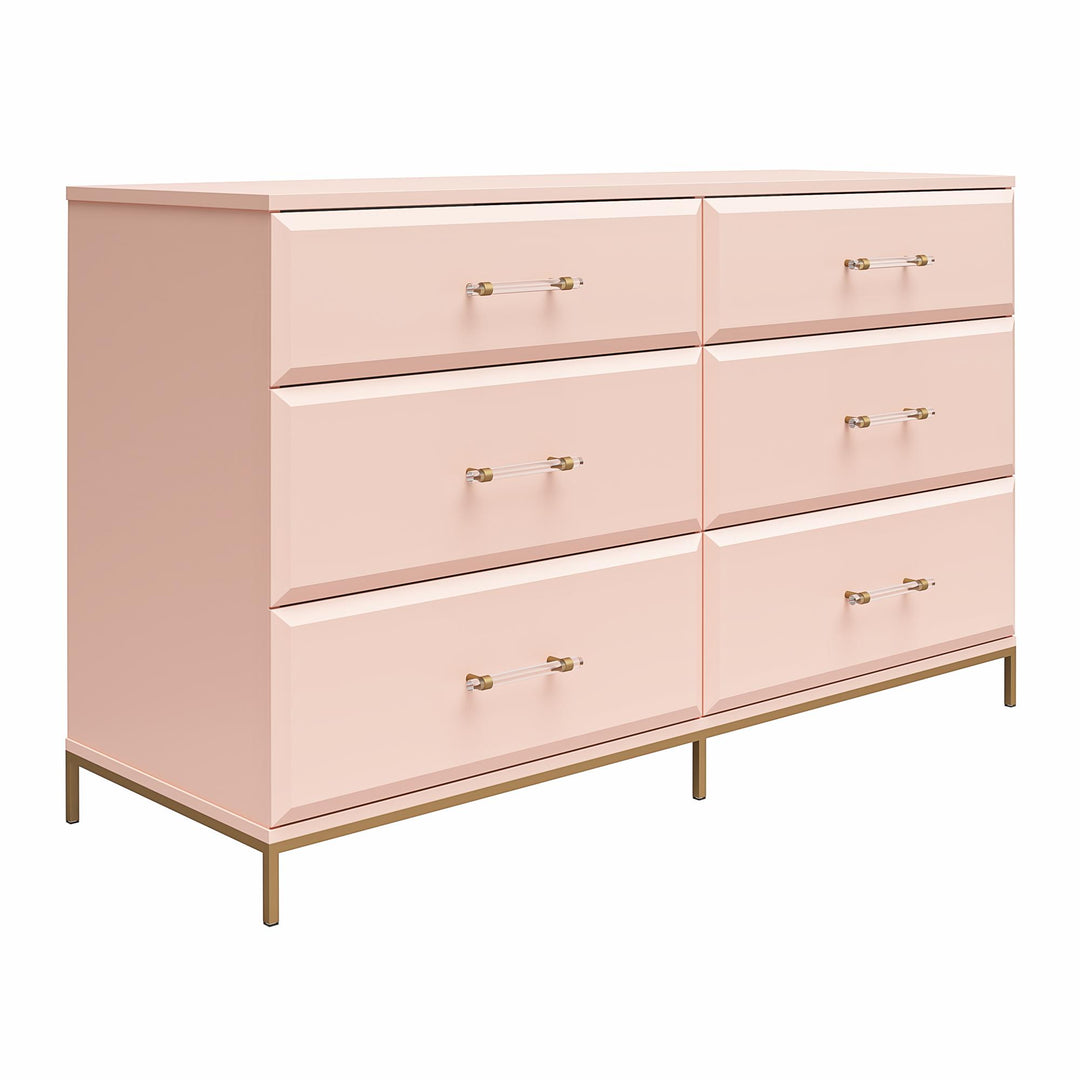 Effie 6 Drawer Dresser with Lucite Gold Pulls and a Gold Metal Legs - Pale Pink