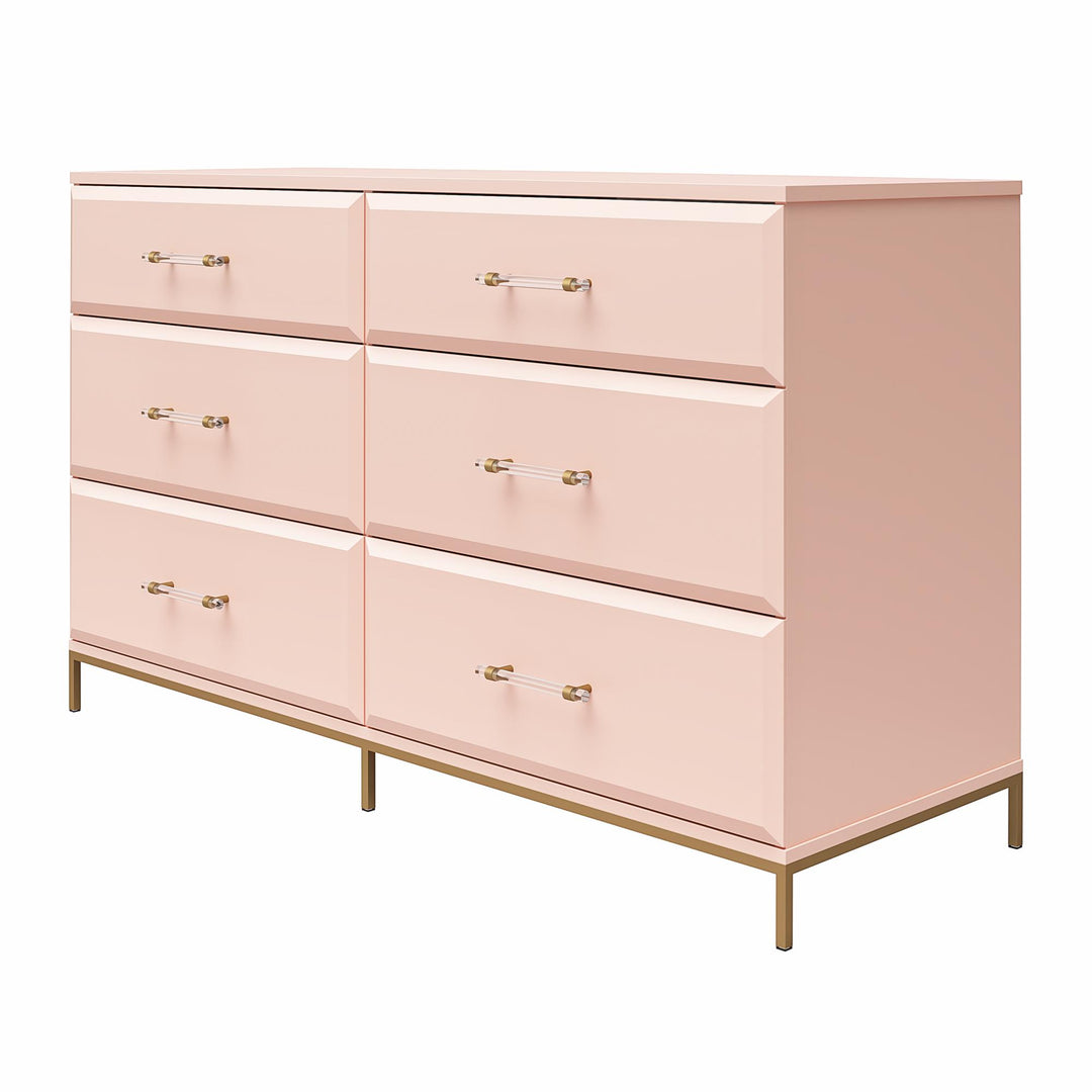 Effie 6 Drawer Dresser with Lucite Gold Pulls and a Gold Metal Legs - Pale Pink