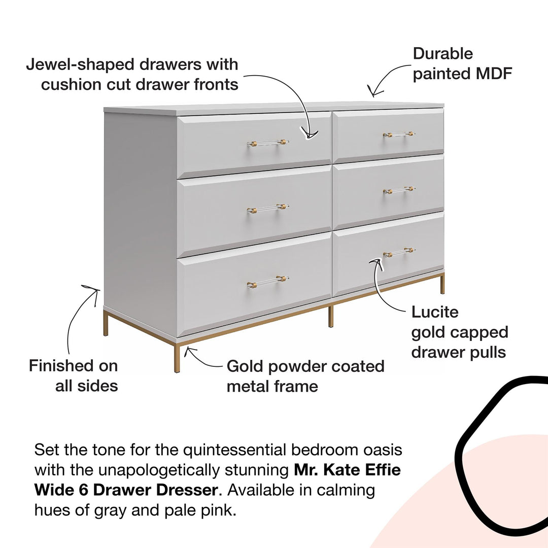 Effie 6 Drawer Dresser with Lucite Gold Pulls and a Gold Metal Legs - Pale Pink