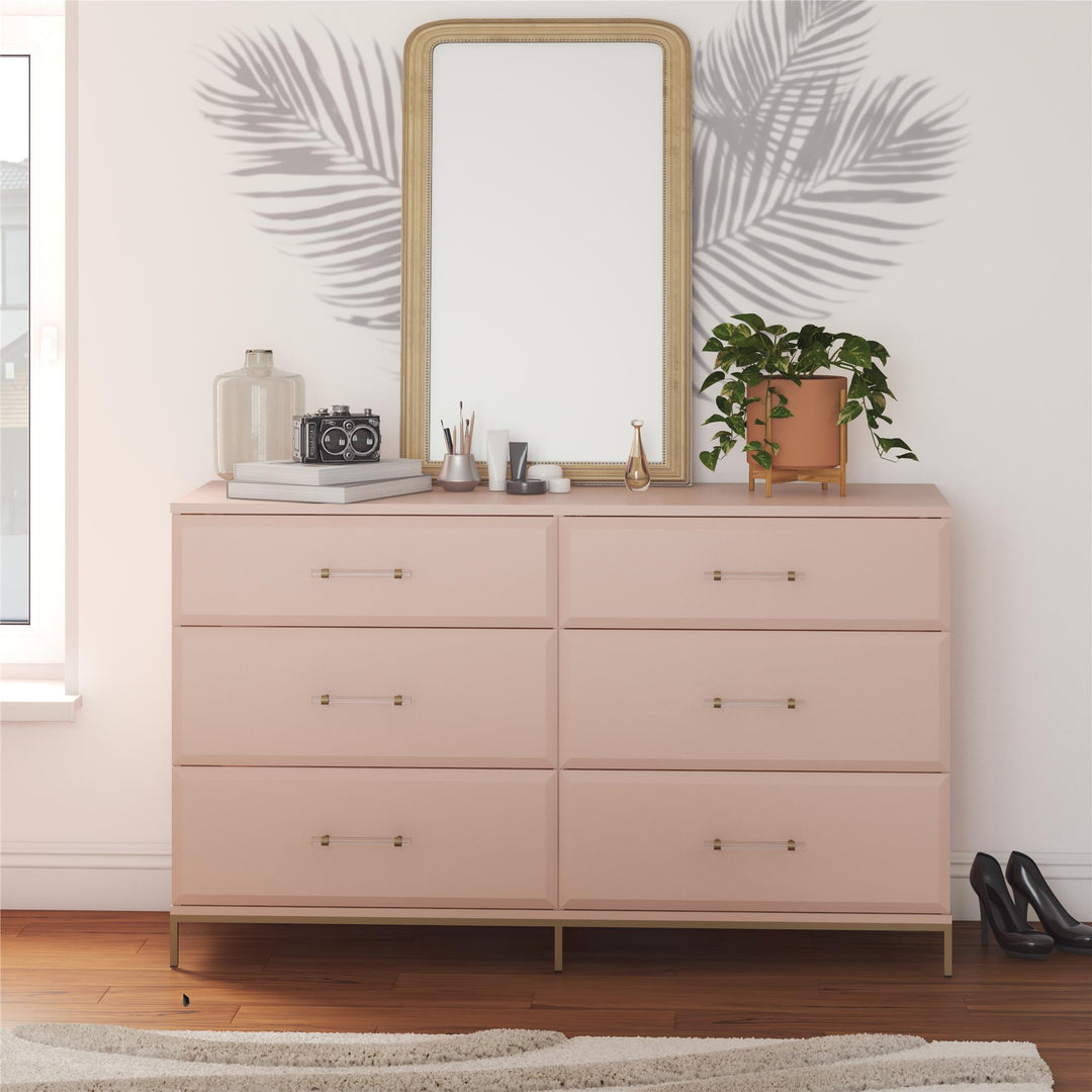 Effie 6 Drawer Dresser with Lucite Gold Pulls and a Gold Metal Legs - Pale Pink