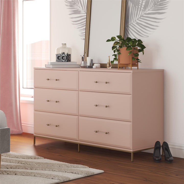 Effie 6 Drawer Dresser with Lucite Gold Pulls and a Gold Metal Legs - Pale Pink