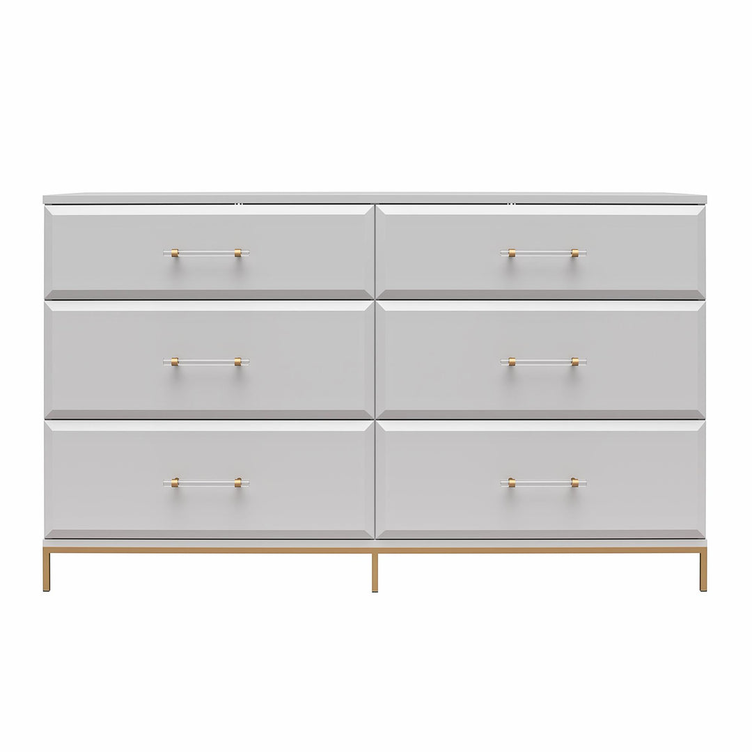 Effie 6 Drawer Dresser with Lucite Gold Pulls and a Gold Metal Legs - Gray