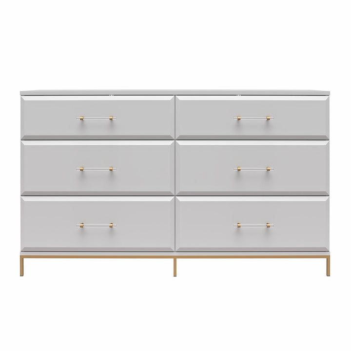 Effie 6 Drawer Dresser with Lucite Gold Pulls and a Gold Metal Legs - Gray