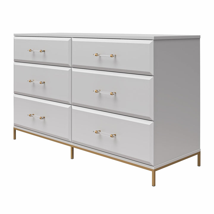 Effie 6 Drawer Dresser with Lucite Gold Pulls and a Gold Metal Legs - Gray