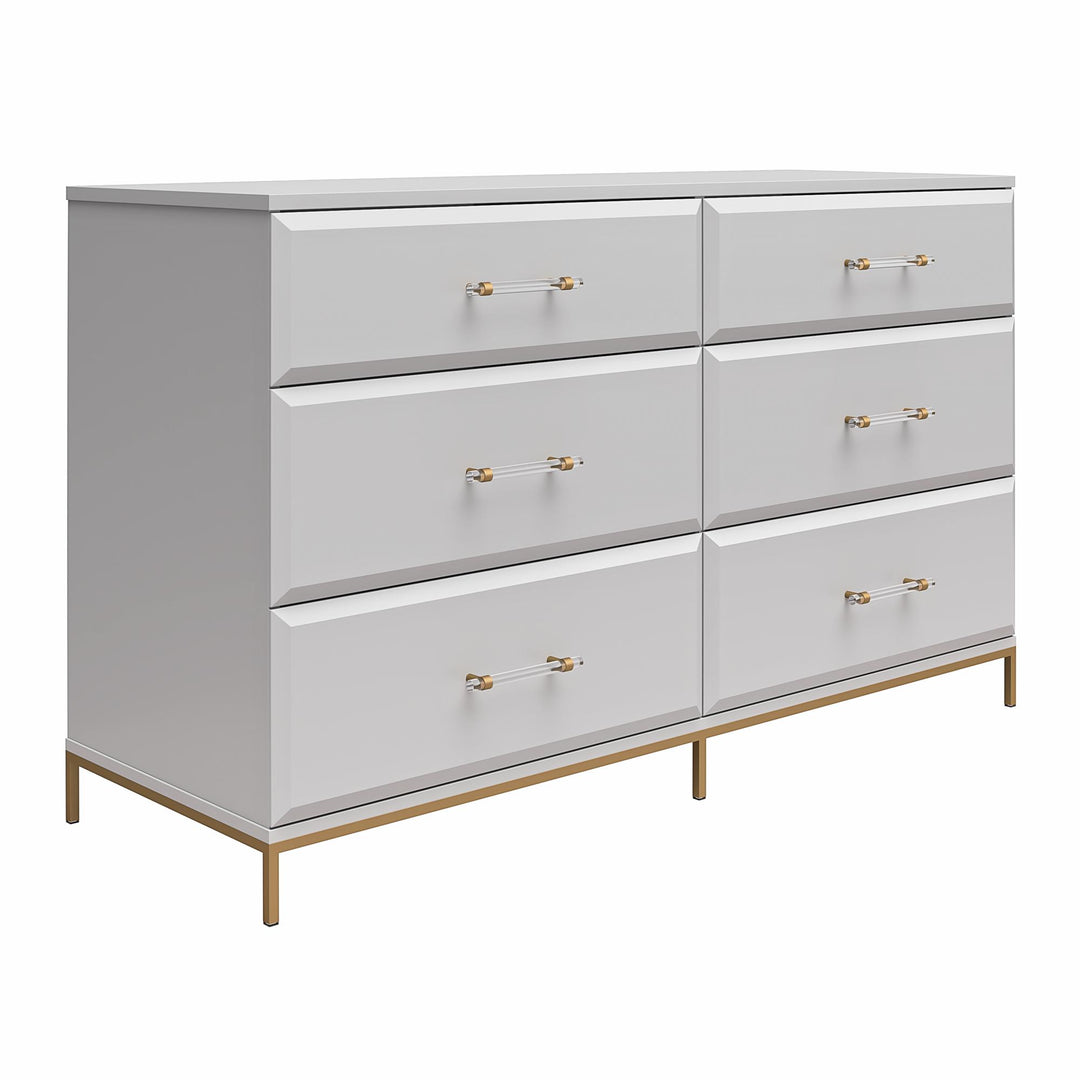 Effie 6 Drawer Dresser with Lucite Gold Pulls and a Gold Metal Legs - Gray