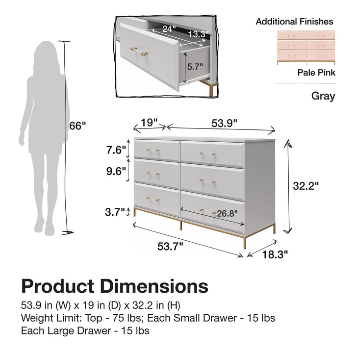 Effie 6 Drawer Dresser with Lucite Gold Pulls and a Gold Metal Legs - Gray