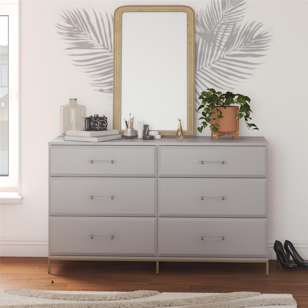 Effie 6 Drawer Dresser with Lucite Gold Pulls and a Gold Metal Legs - Gray