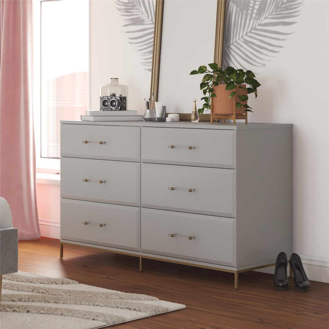 Effie 6 Drawer Dresser with Lucite Gold Pulls and a Gold Metal Legs - Gray