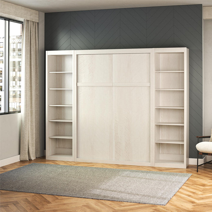 Paramount Murphy Bed with 2 Open Storage Side Cabinets - Ivory Oak - Full