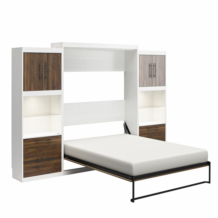 Pinnacle Murphy Bed Bundle with 2 Side Cabinets & Touch Sensor LED Lighting - Columbia Walnut - Queen