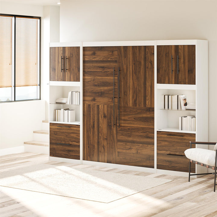 Pinnacle Murphy Bed Bundle with 2 Side Cabinets & Touch Sensor LED Lighting - Columbia Walnut - Full