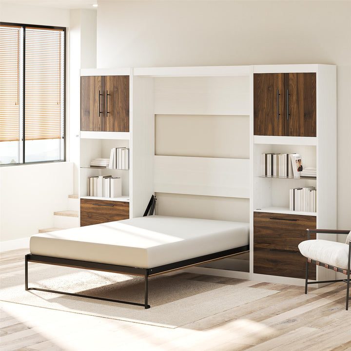 Pinnacle Murphy Bed Bundle with 2 Side Cabinets & Touch Sensor LED Lighting - Columbia Walnut - Full