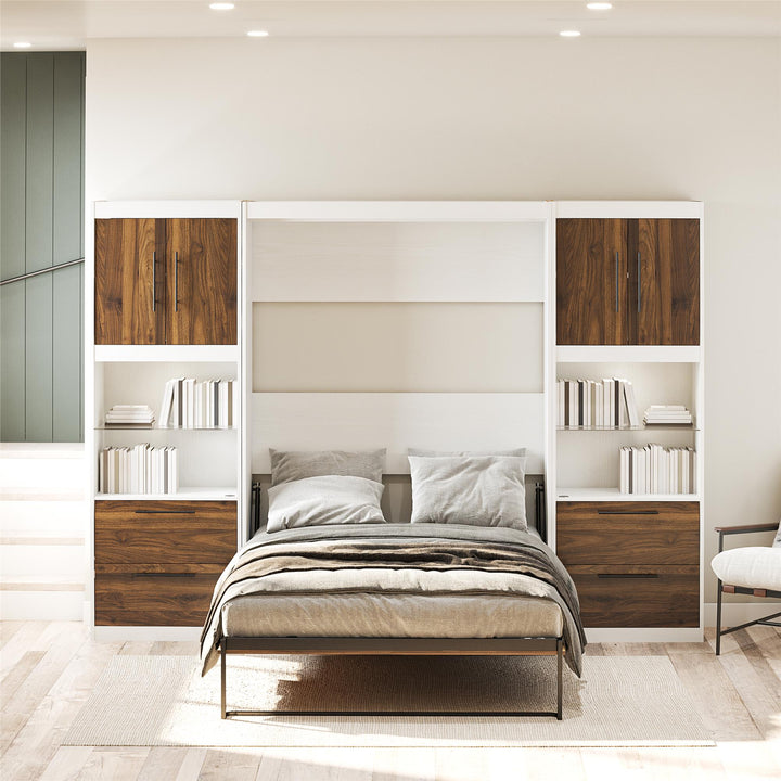 Pinnacle Murphy Bed Bundle with 2 Side Cabinets & Touch Sensor LED Lighting - Columbia Walnut - Full