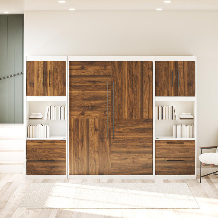 Pinnacle Murphy Bed Bundle with 2 Side Cabinets & Touch Sensor LED Lighting - Columbia Walnut - Full