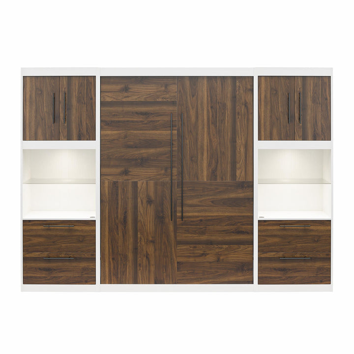 Pinnacle Murphy Bed Bundle with 2 Side Cabinets & Touch Sensor LED Lighting - Columbia Walnut - Full