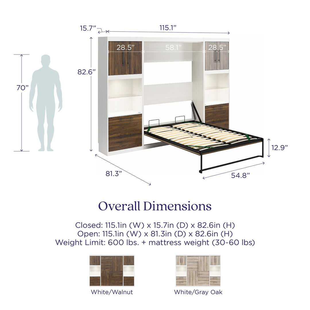 Pinnacle Murphy Bed Bundle with 2 Side Cabinets & Touch Sensor LED Lighting - Columbia Walnut - Full