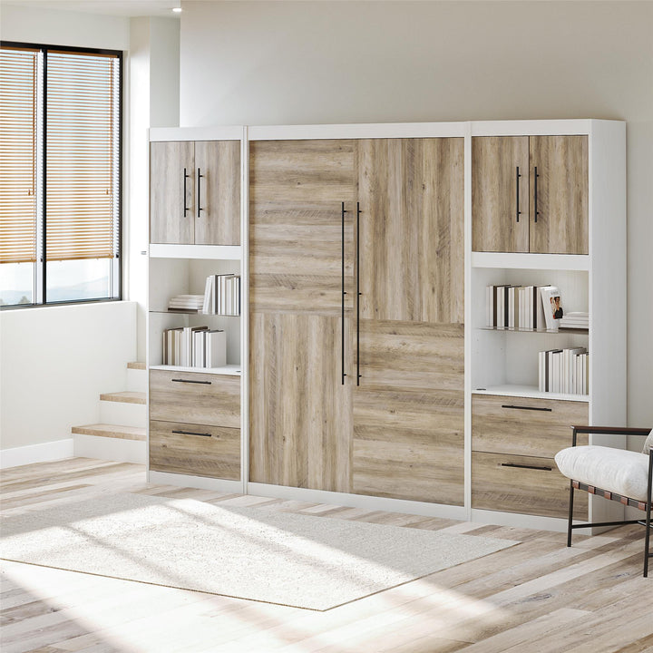 Pinnacle Murphy Bed Bundle with 2 Side Cabinets & Touch Sensor LED Lighting - Gray Oak - Full