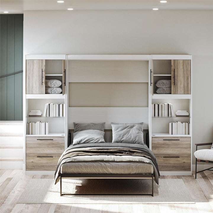 Pinnacle Murphy Bed Bundle with 2 Side Cabinets & Touch Sensor LED Lighting - Gray Oak - Full