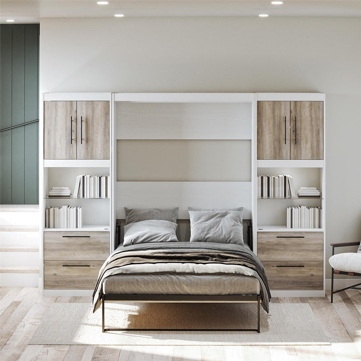 Pinnacle Murphy Bed Bundle with 2 Side Cabinets & Touch Sensor LED Lighting - Gray Oak - Full