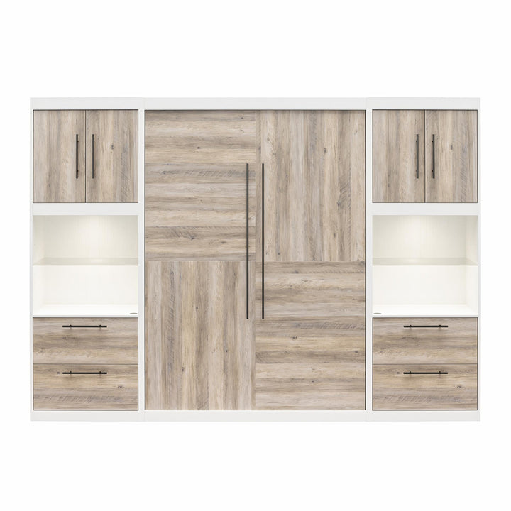 Pinnacle Murphy Bed Bundle with 2 Side Cabinets & Touch Sensor LED Lighting - Gray Oak - Full