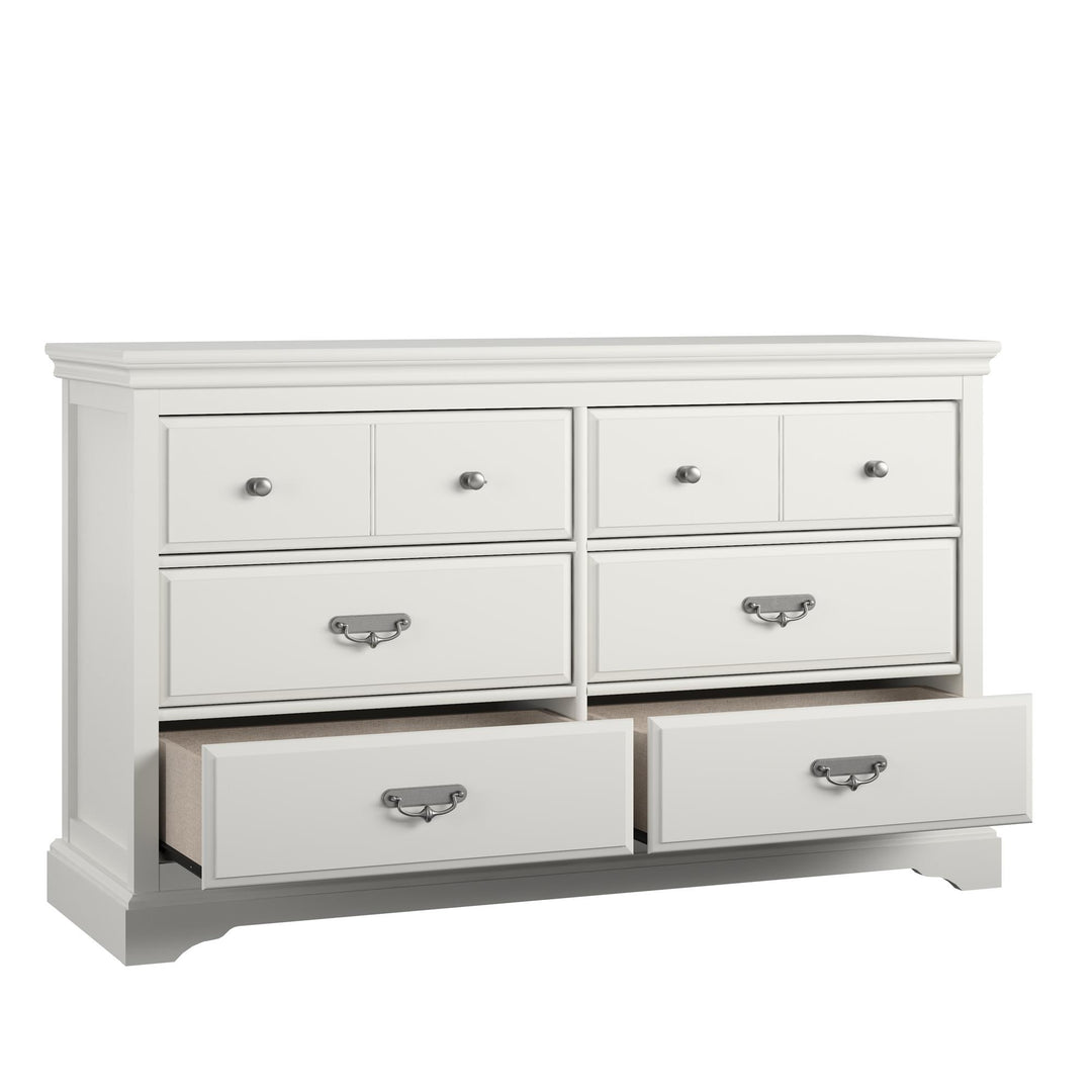 Bristol Traditional 6 Drawer Dresser with Elegant Moldings and Pewter Pulls - White