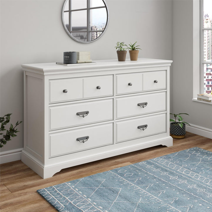 Bristol Traditional 6 Drawer Dresser with Elegant Moldings and Pewter Pulls - White