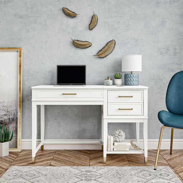 Westerleigh Lift-Top Computer Desk with Gold Accents - White