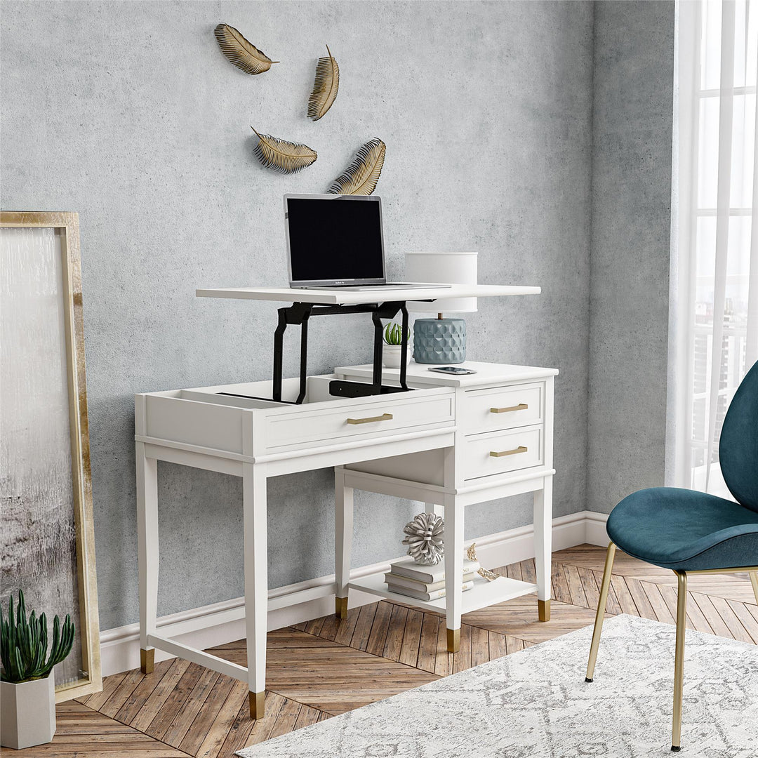 Westerleigh Lift-Top Computer Desk with Gold Accents - White