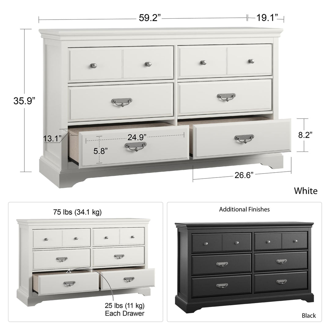 Bristol Traditional 6 Drawer Dresser with Elegant Moldings and Pewter Pulls - White