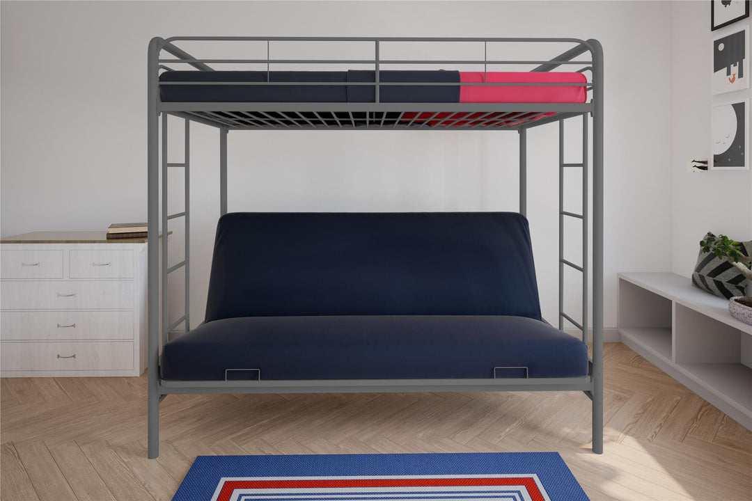 Sammuel Twin over Futon Metal Bunk Bed with Integrated Ladders and Guardrails - Silver - Twin-Over-Futon