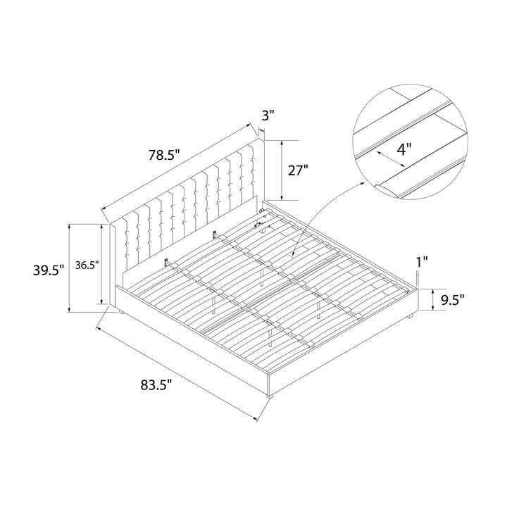 Emily Tufted Upholstered Bed with Wooden slats and Frame - Black Faux Leather - King