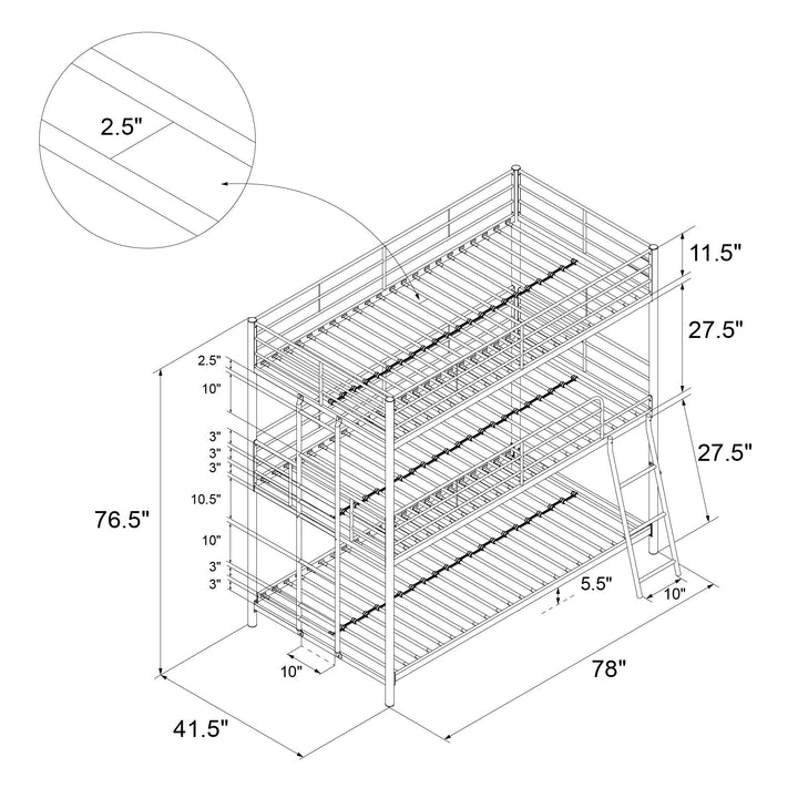 Everleigh Metal Triple Bunk Bed with Metal Slats and 2 Integrated Ladders - Silver - Twin-Over-Twin