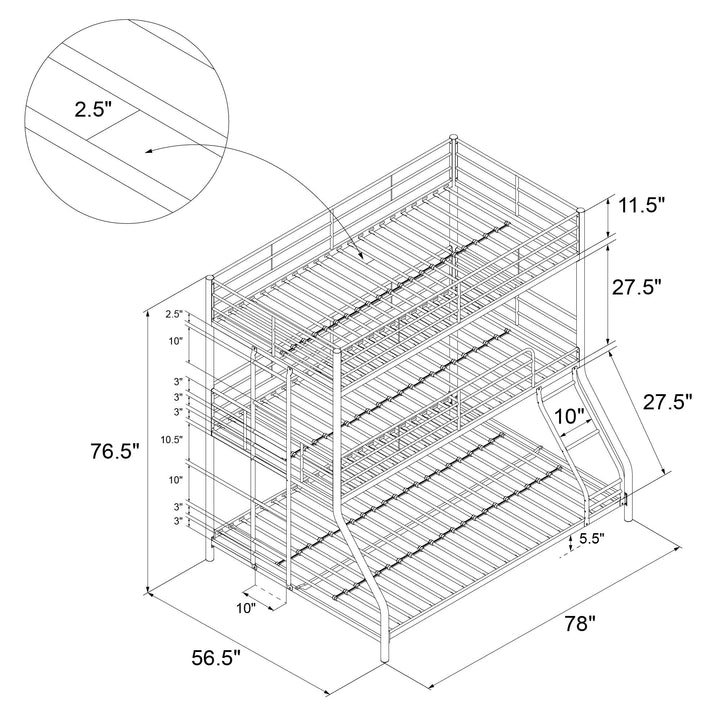 Metal Triple Bunk Bed with Metal Slats and 2 Integrated Ladders - Silver - Twin-Over-Full