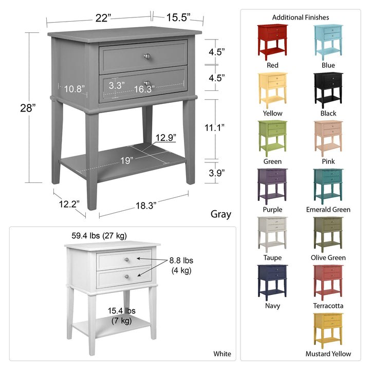 Franklin Nightstand Table with 2 Drawers and Lower Shelf - Blue