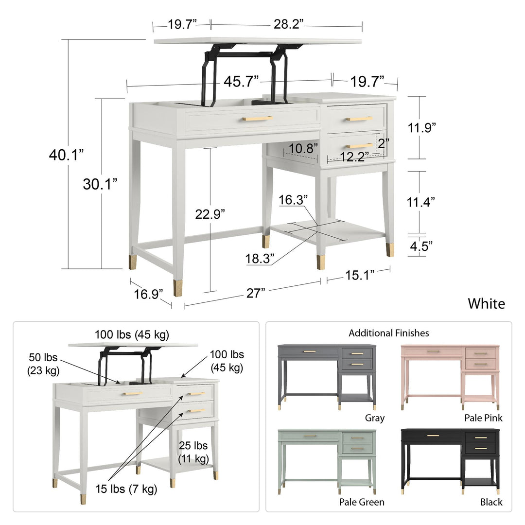 Westerleigh Lift-Top Computer Desk with Gold Accents - White