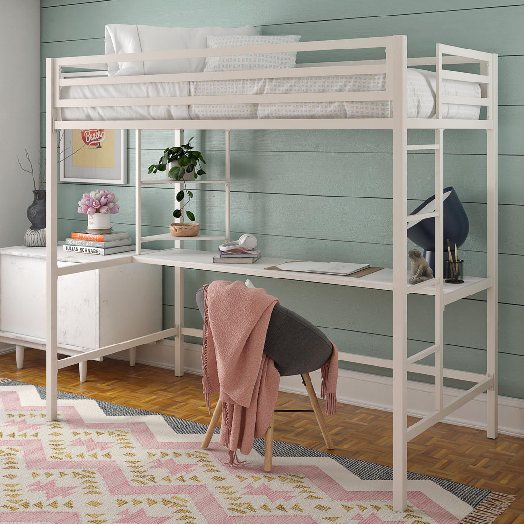 Maxwell Metal Twin Loft Bed with Desk & Shelves - White - Twin