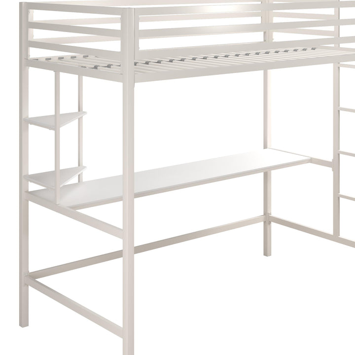 Maxwell Metal Twin Loft Bed with Desk & Shelves - White - Twin