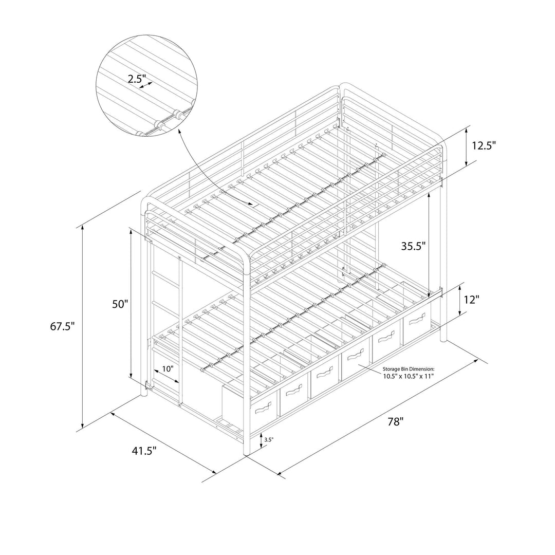 Travis Twin over Twin Metal Bunk Bed with Storage Bins - Silver - Twin-Over-Twin