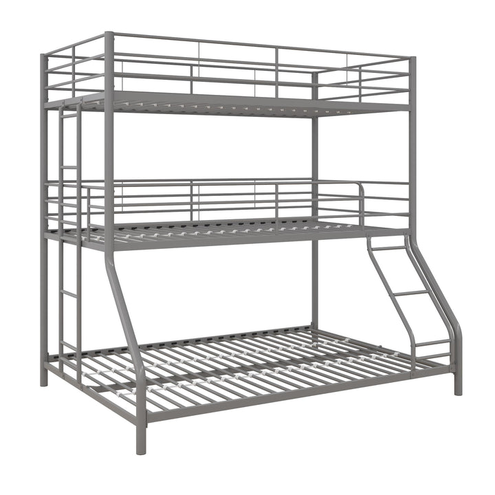 Metal Triple Bunk Bed with Metal Slats and 2 Integrated Ladders - Silver - Twin-Over-Full