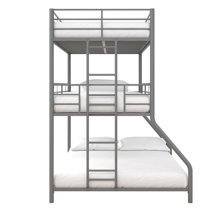 Metal Triple Bunk Bed with Metal Slats and 2 Integrated Ladders - Silver - Twin-Over-Full