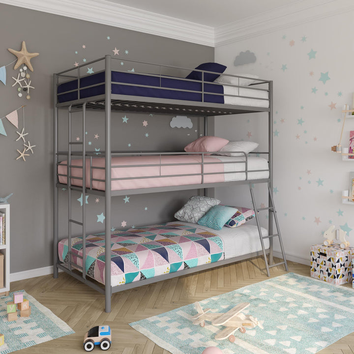 Everleigh Metal Triple Bunk Bed with Metal Slats and 2 Integrated Ladders - Silver - Twin-Over-Twin