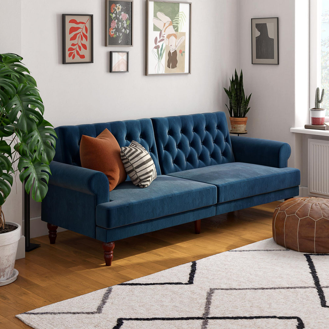 Upholstered Cassidy Futon with Rolled Arms and Button Tufted Details - Blue