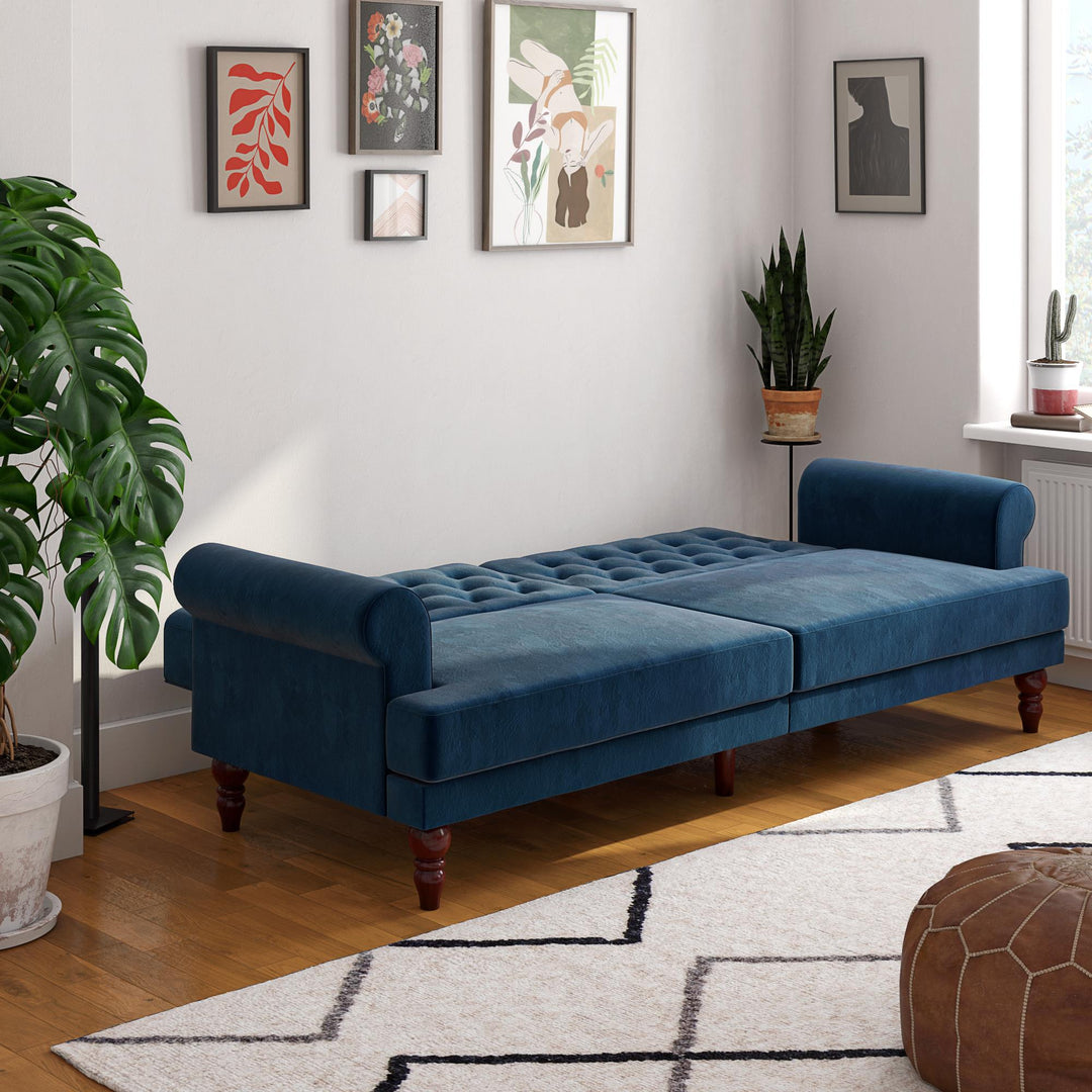 Upholstered Cassidy Futon with Rolled Arms and Button Tufted Details - Blue