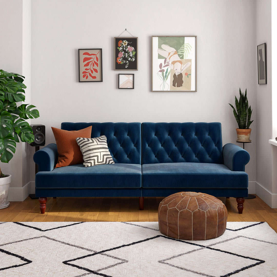 Upholstered Cassidy Futon with Rolled Arms and Button Tufted Details - Blue